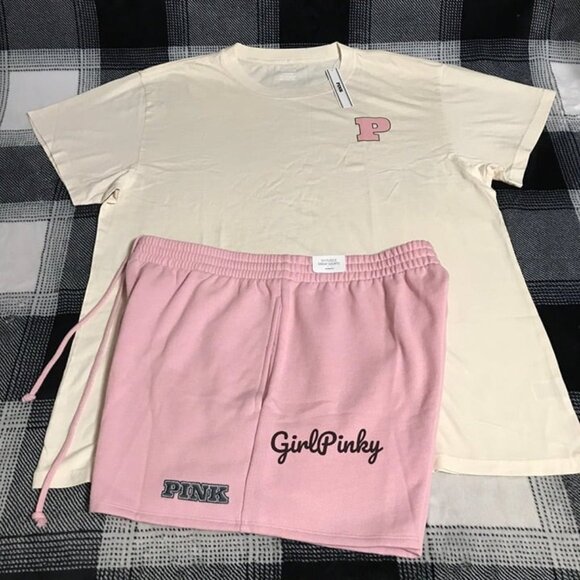 VS PINK shorts OUTFIT & TEE LIMITED EDITION CHALK ROSE/WHITE SHELL ALL SIZES - Picture 2 of 7